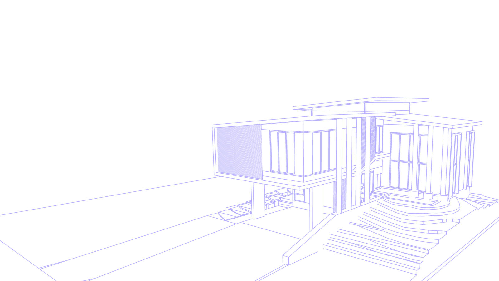 Architectural BIM wireframe overlay of a modern building